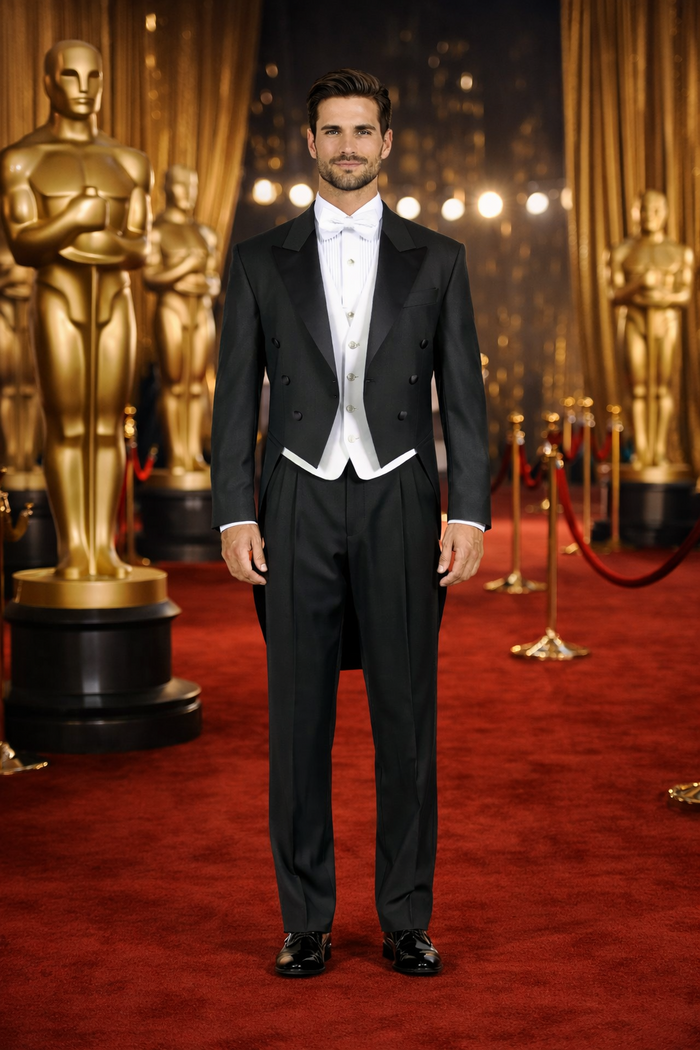 Super 150's Black Peak Tailcoat Tuxedo Jacket with the tail suit