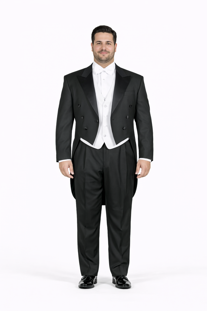 Super 150's Black Peak Tailcoat Tuxedo Jacket with the tail suit