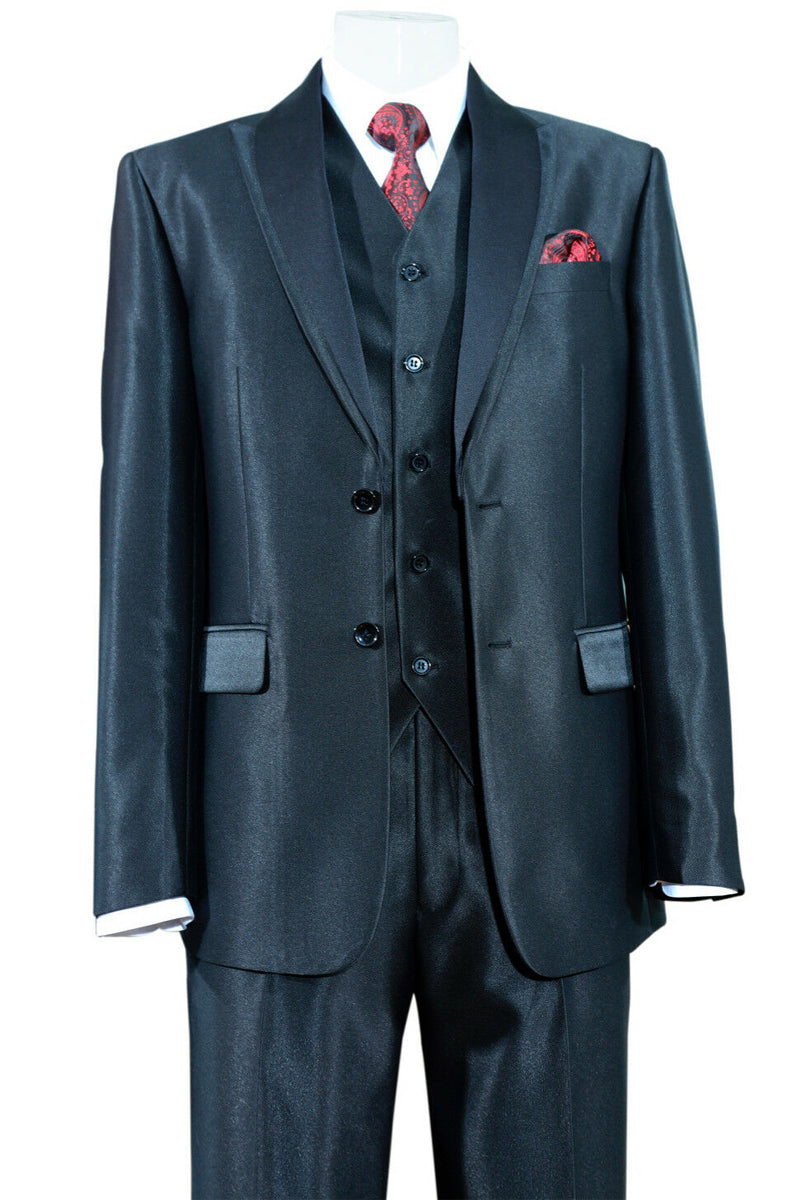 2 Button Vested Peak Lapel Sharkskin Tuxedo Suit