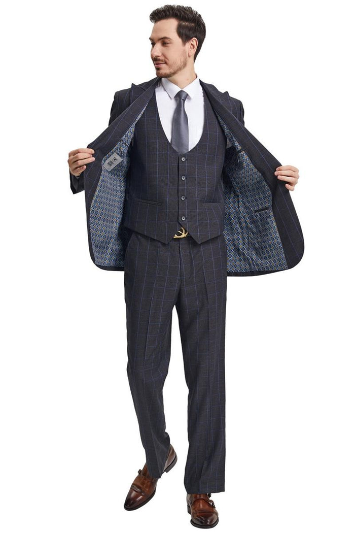 Stacy Adams Charcoal Windowpane Plaid Suit & Vest