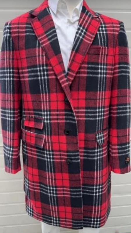 Men's Red Plaid Wool Carcoat
