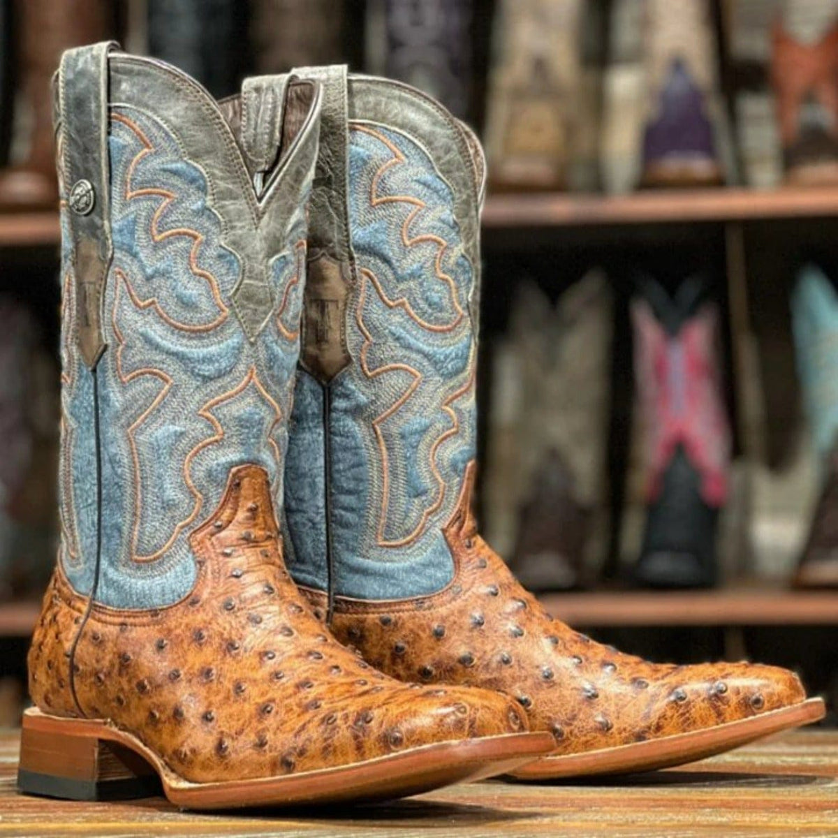 Men's genuine Caiman Tail And Deer Skin European Square Toe Boots Faded Brown Color