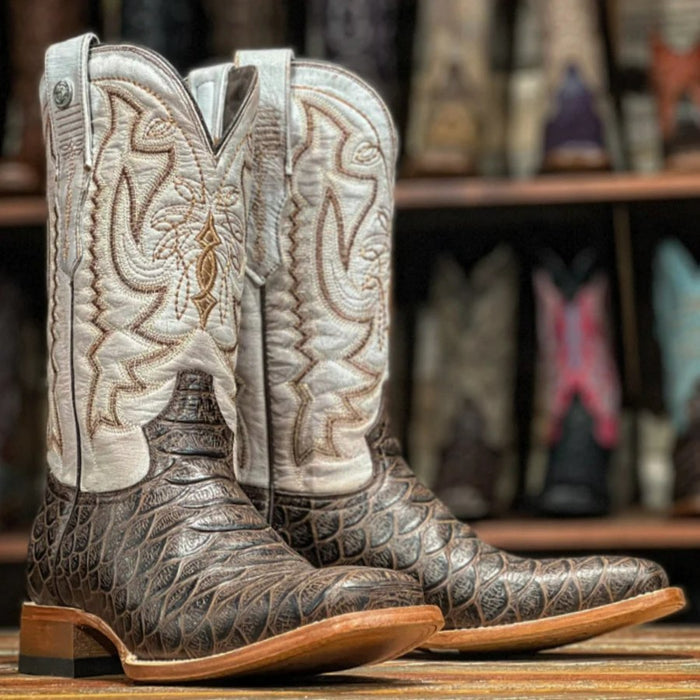 Tanner Mark Men's Bozeman Print Monster Fish Square Toe Boots Brown
