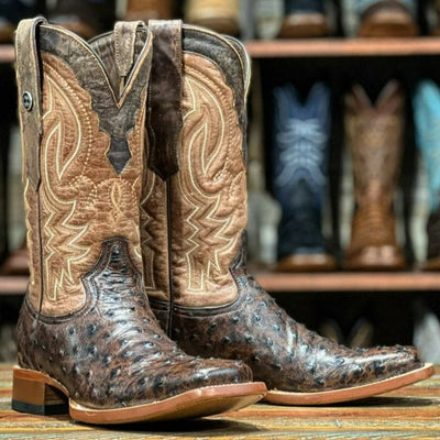 Men's Big Cabin Print Ostrich Square Toe Boots Chocolate