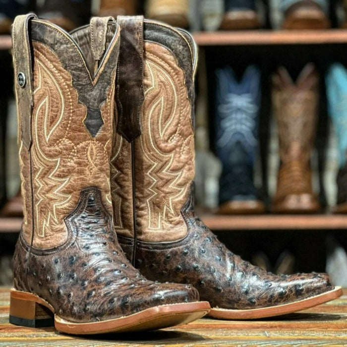Men's Big Cabin Print Ostrich Square Toe Boots Chocolate