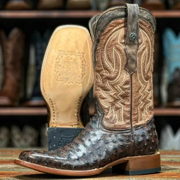 Men's Big Cabin Print Ostrich Square Toe Boots Chocolate