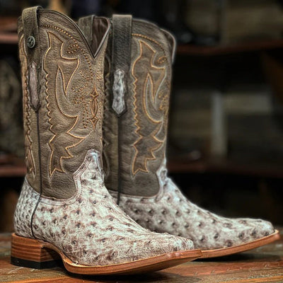 Men's "Bois D'Arc" Full Quill Ostrich Square Toe Boots Light Brown