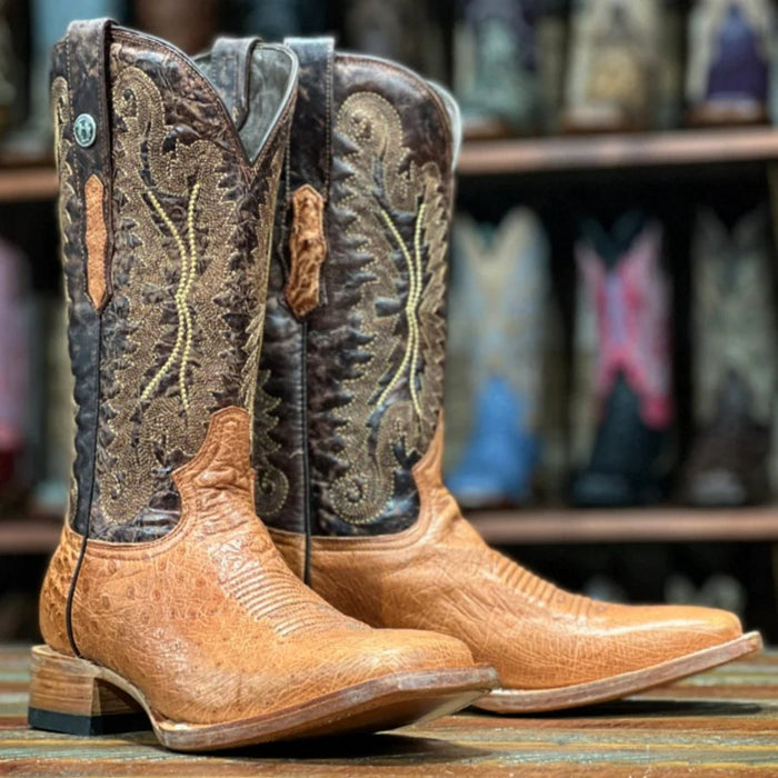 Men's Bosque Genuine Smooth Ostrich Square Toe Boots Brandy