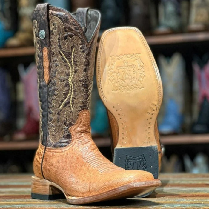 Men's Bosque Genuine Smooth Ostrich Square Toe Boots Brandy