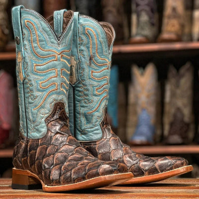 Men's Bozeman Print Monster Fish Square Toe Boots Brown