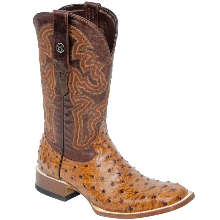 Men's Broken Arrow Print Ostrich Square Toe Boots Cognac