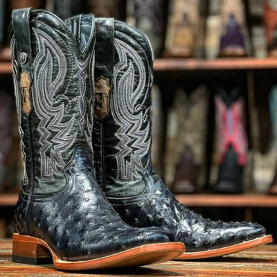 Men's Checotah Print Ostrich Square Toe Boots Black