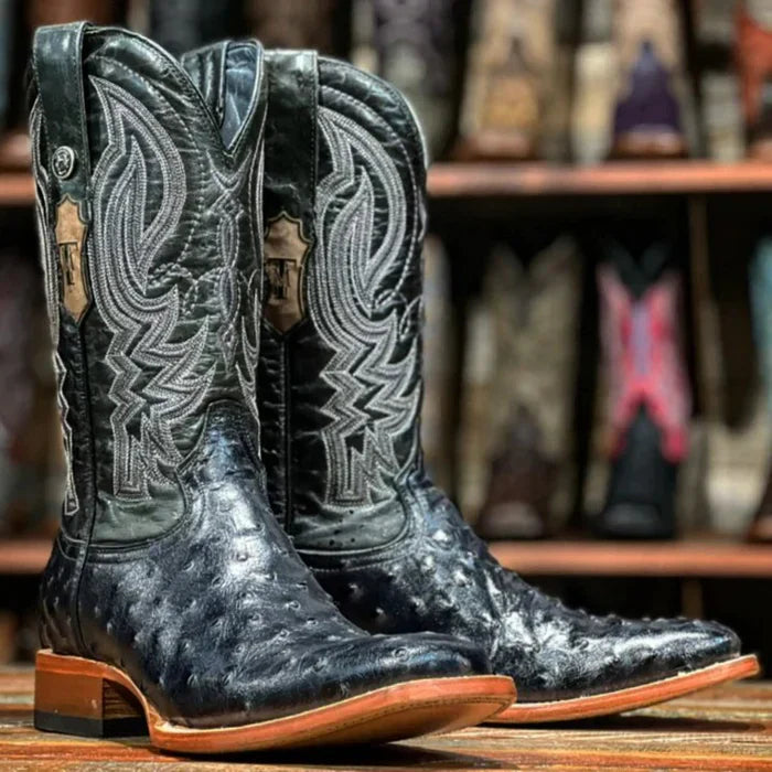 Men's Checotah Print Ostrich Square Toe Boots Black