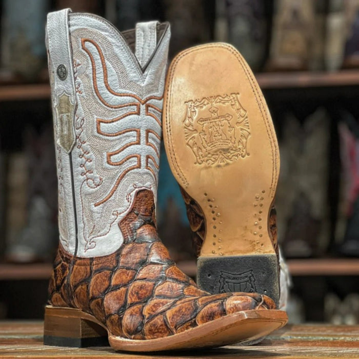 Men's Dillon Print Monster Fish Square Toe Boots Cognac