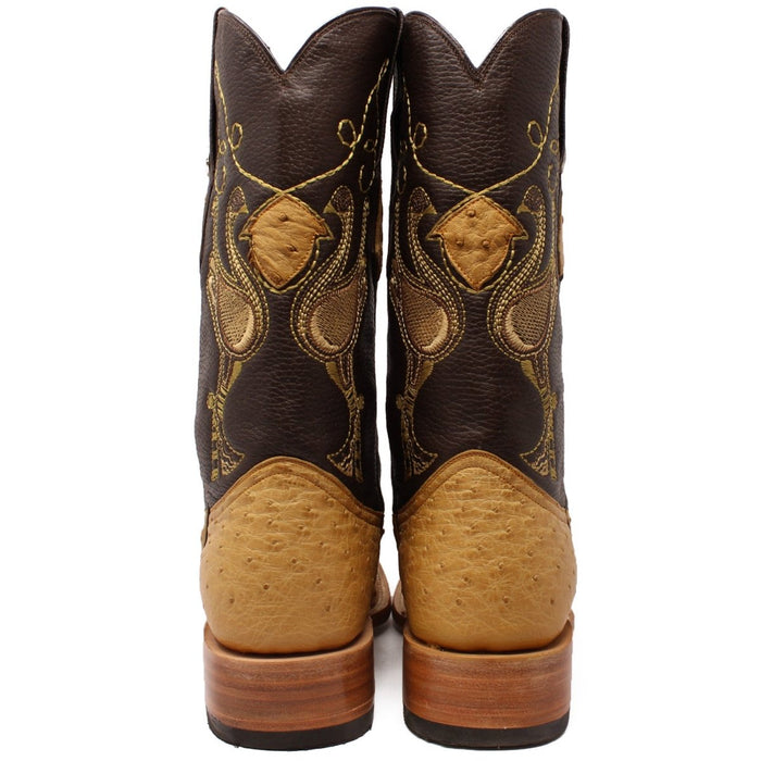 Men's Genuine Full Quill Ostrich Square Toe Boots Antique Saddle