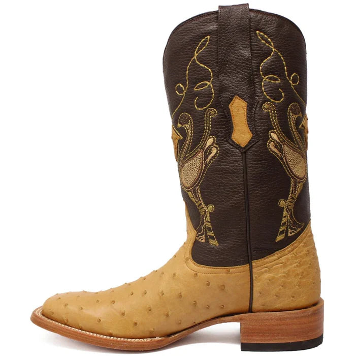 Men's Genuine Full Quill Ostrich Square Toe Boots Antique Saddle