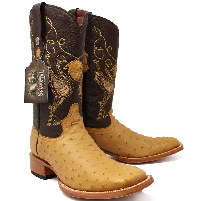 Men's Genuine Full Quill Ostrich Square Toe Boots Antique Saddle
