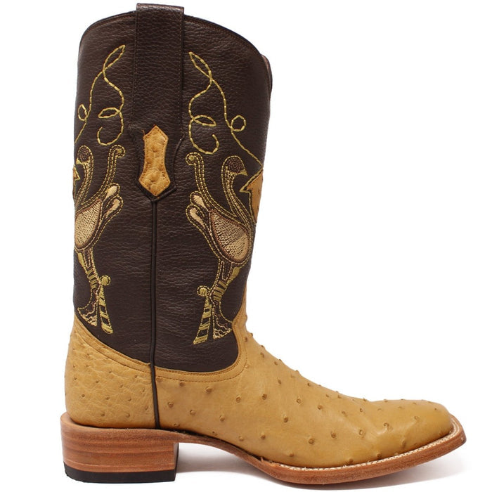 Men's Genuine Full Quill Ostrich Square Toe Boots Oryx