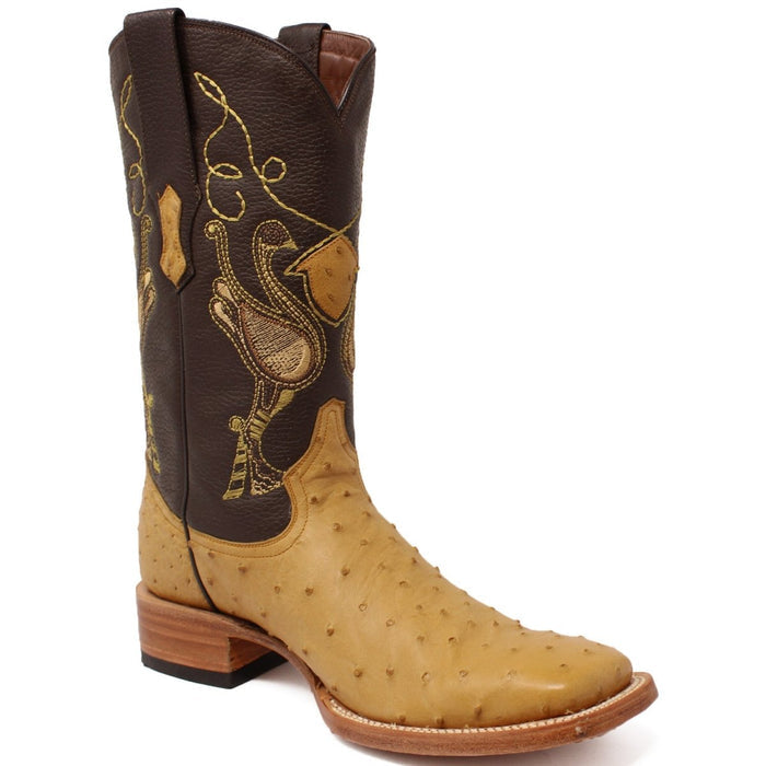 Men's Genuine Full Quill Ostrich Square Toe Boots Antique Saddle