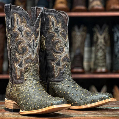 Men's Genuine Full Quill Ostrich Square Toe Boots Antique Saddle VF
