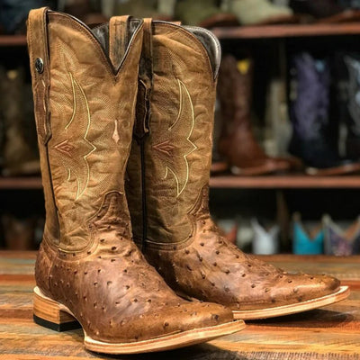 Men's Genuine Full Quill Ostrich Square Toe Boots Antique Saddle