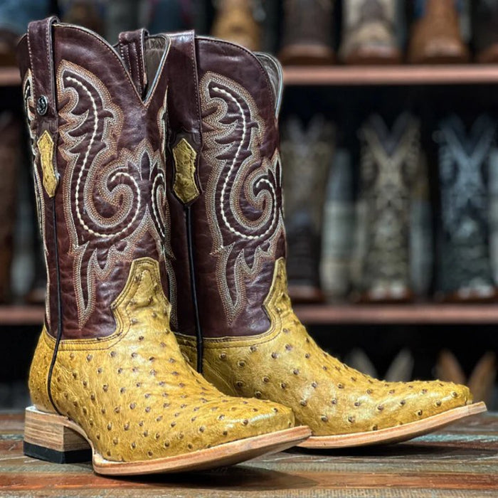 Men's Genuine Full Quill Ostrich Square Toe Boots Antique Saddle