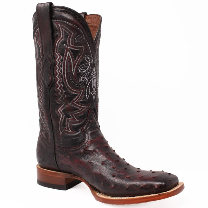 Men's Genuine Full Quill Ostrich Square Toe Boots Black Cherry