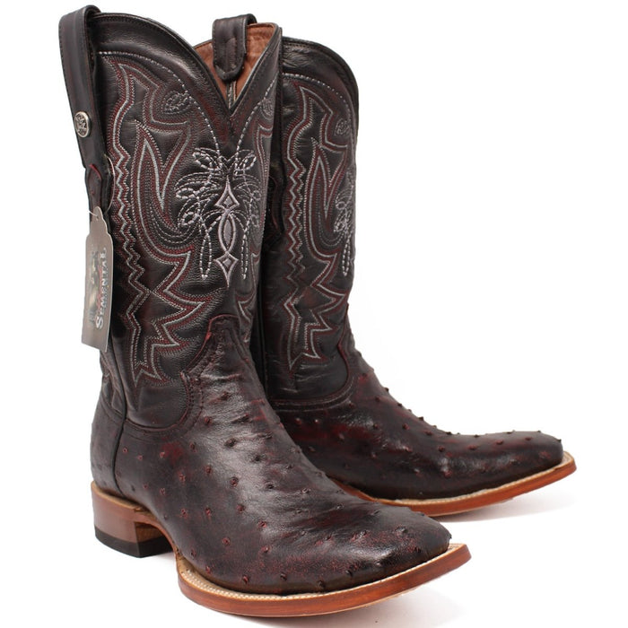 Men's Genuine Full Quill Ostrich Square Toe Boots Cherry Wood