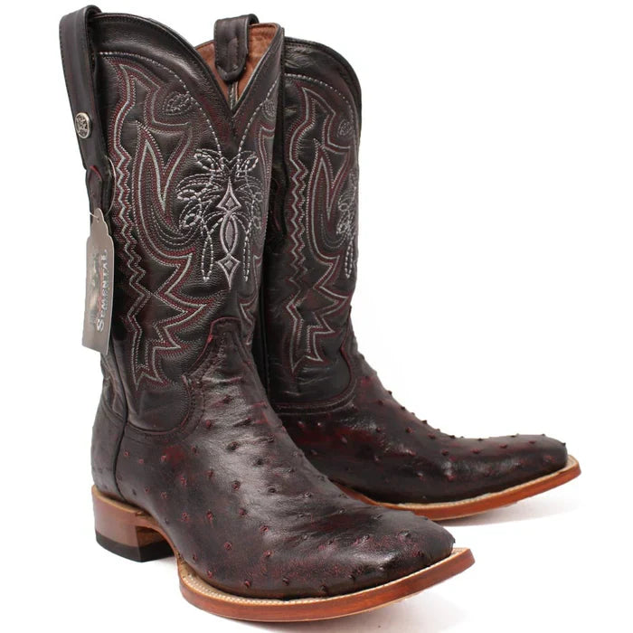 Men's Genuine Full Quill Ostrich Square Toe Boots Black Cherry