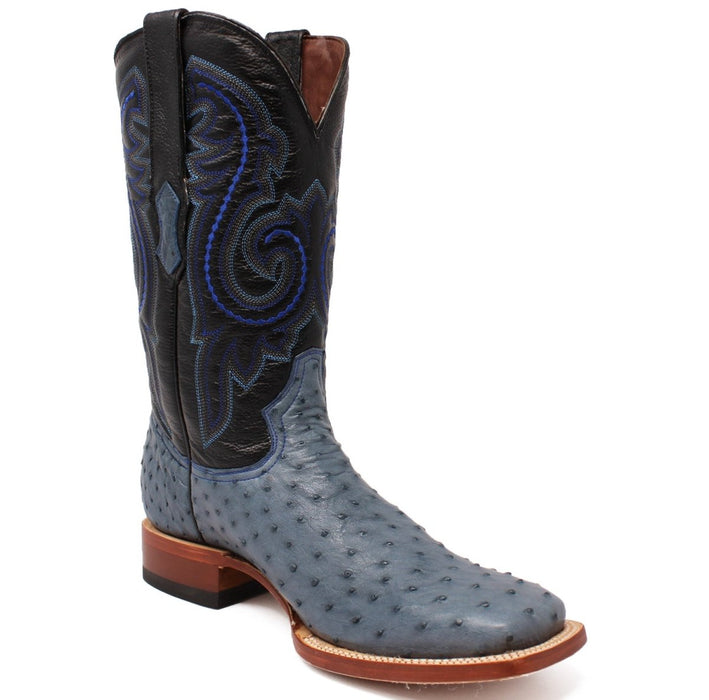 Men's Genuine Full Quill Ostrich Square Toe Boots Blue Jean