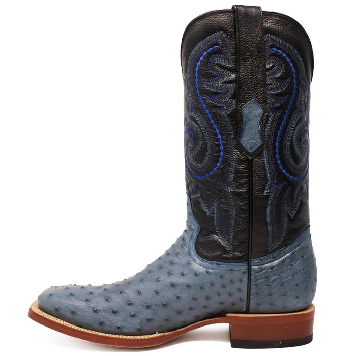 Men's Genuine Full Quill Ostrich Square Toe Boots Blue Jean