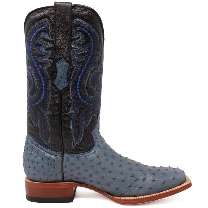 Men's Genuine Full Quill Ostrich Square Toe Boots Blue Jean