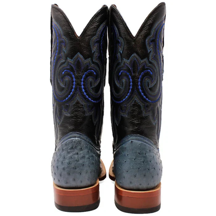 Men's Genuine Full Quill Ostrich Square Toe Boots Blue Jean