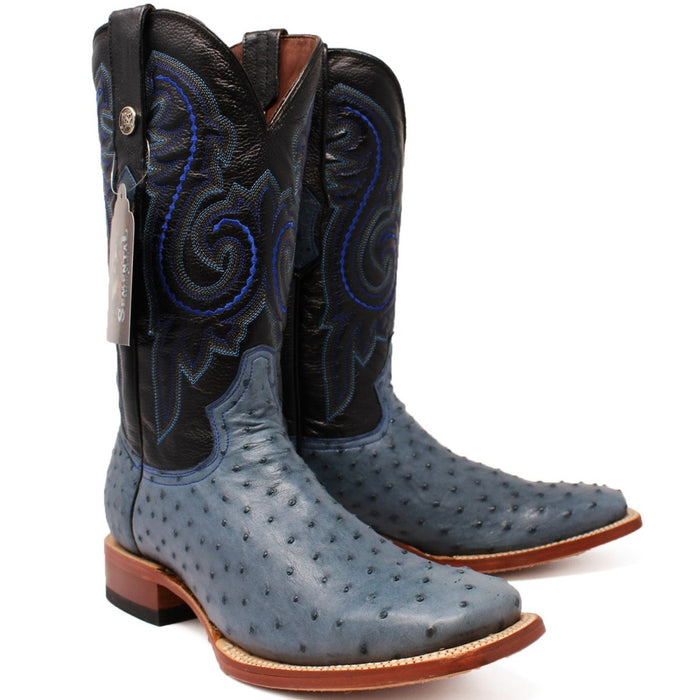 Men's Genuine Full Quill Ostrich Square Toe Boots Blue Jean