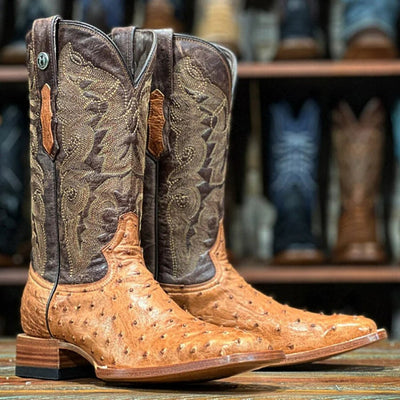 Men's Genuine Full Quill Ostrich Square Toe Boots MD Saddle