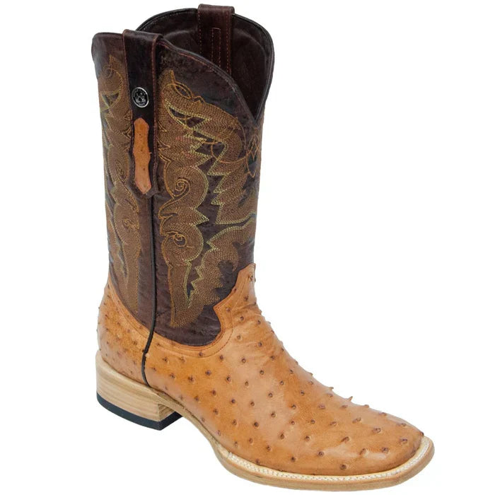 Men's Genuine Full Quill Ostrich Square Toe Boots Brandy