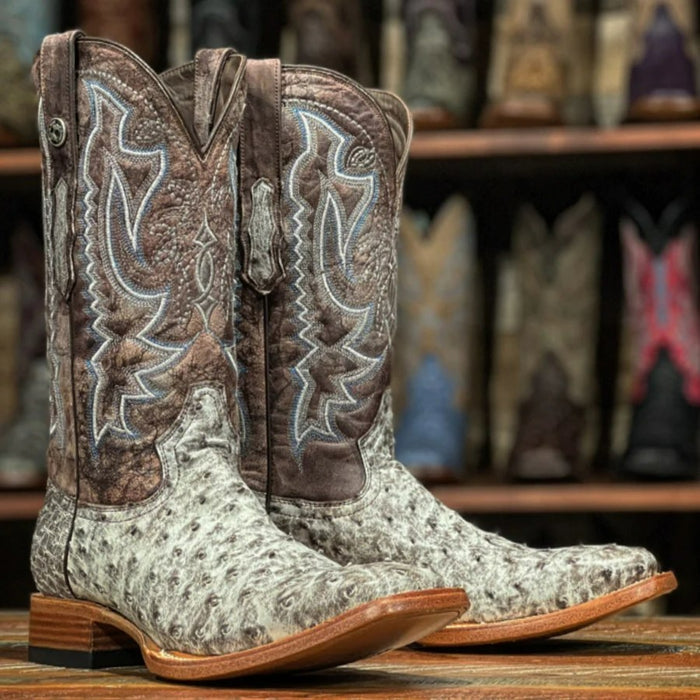 Men's Genuine Full Quill Ostrich Square Toe Boots Brown