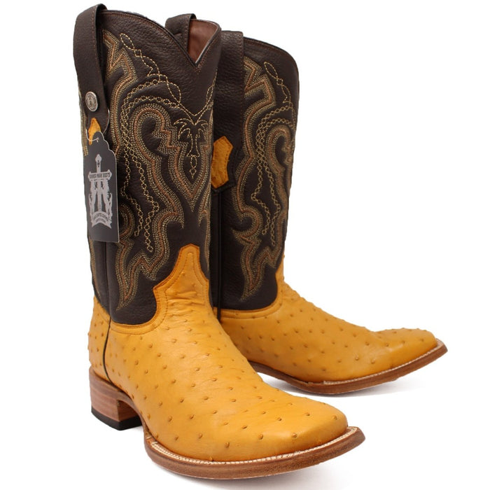 Men's Genuine Full Quill Ostrich Square Toe Boots Antique Saddle