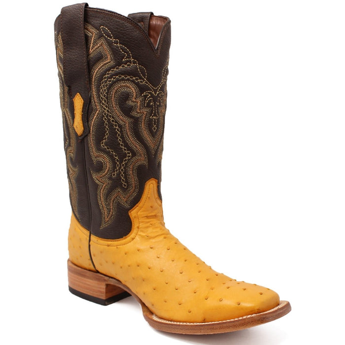 Men's Genuine Full Quill Ostrich Square Toe Boots Antique Saddle
