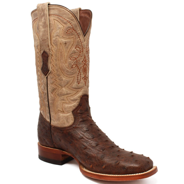 Men's Genuine Full Quill Ostrich Square Toe Boots Cherry Wood