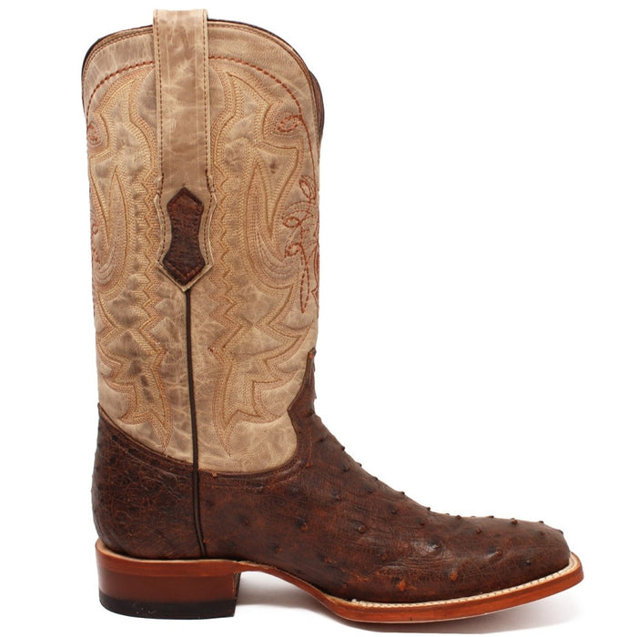Men's Genuine Full Quill Ostrich Square Toe Boots Cherry Wood