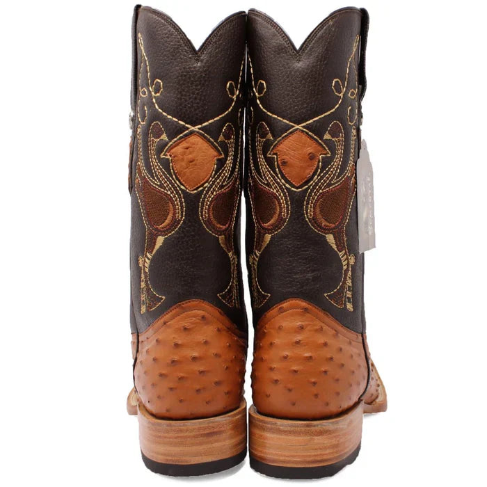 Men's Genuine Full Quill Ostrich Square Toe Boots Cognac
