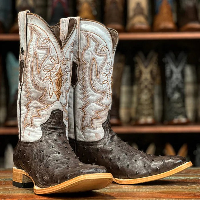Men's "Bois D'Arc" Full Quill Ostrich Square Toe Boots Light Brown