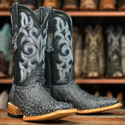 Men's Genuine Full Quill Ostrich Square Toe Boots Denim VF