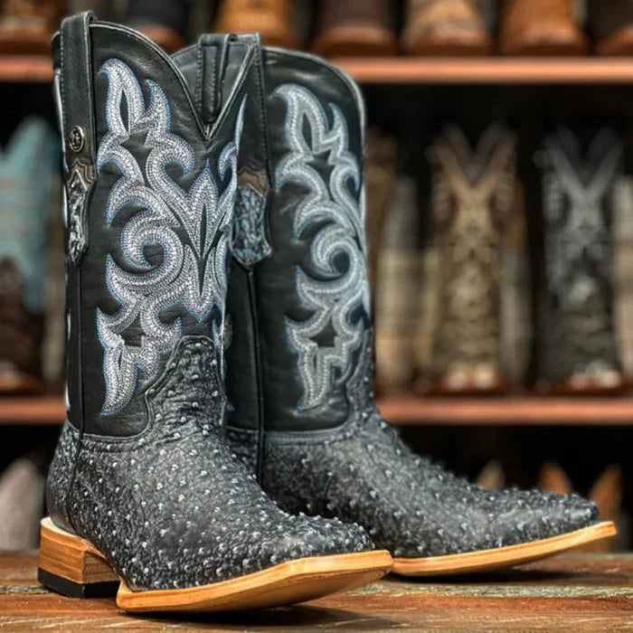 Men's Genuine Full Quill Ostrich Square Toe Boots Denim VF