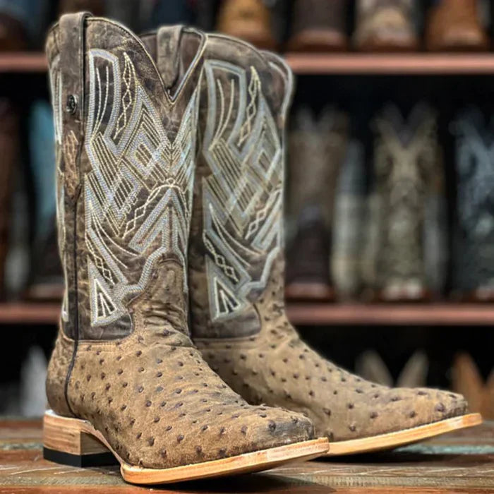 Men's Genuine Full Quill Ostrich Square Toe Boots Light Brown