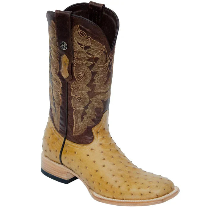 Men's Genuine Full Quill Ostrich Square Toe Boots MD Saddle