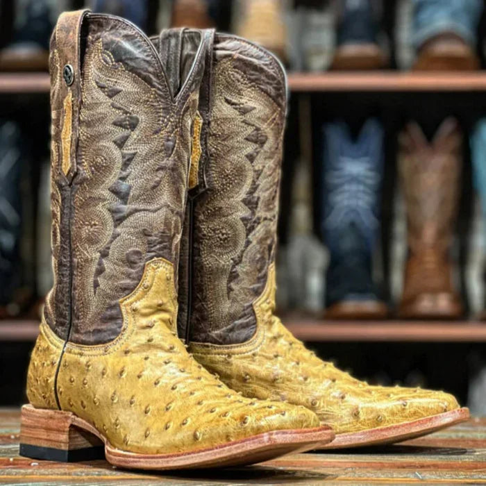 Men's Genuine Full Quill Ostrich Square Toe Boots MD Saddle