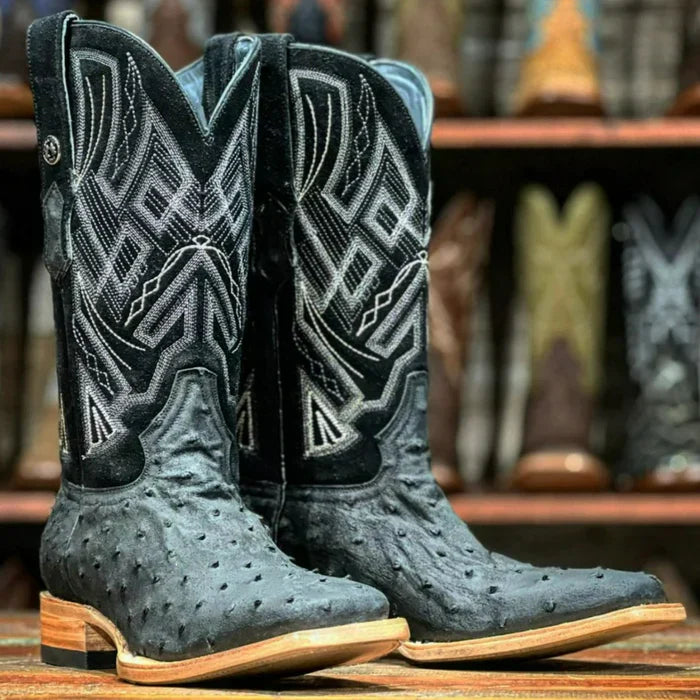 Men's Genuine Full Quill Ostrich Square Toe Boots Mojave Black