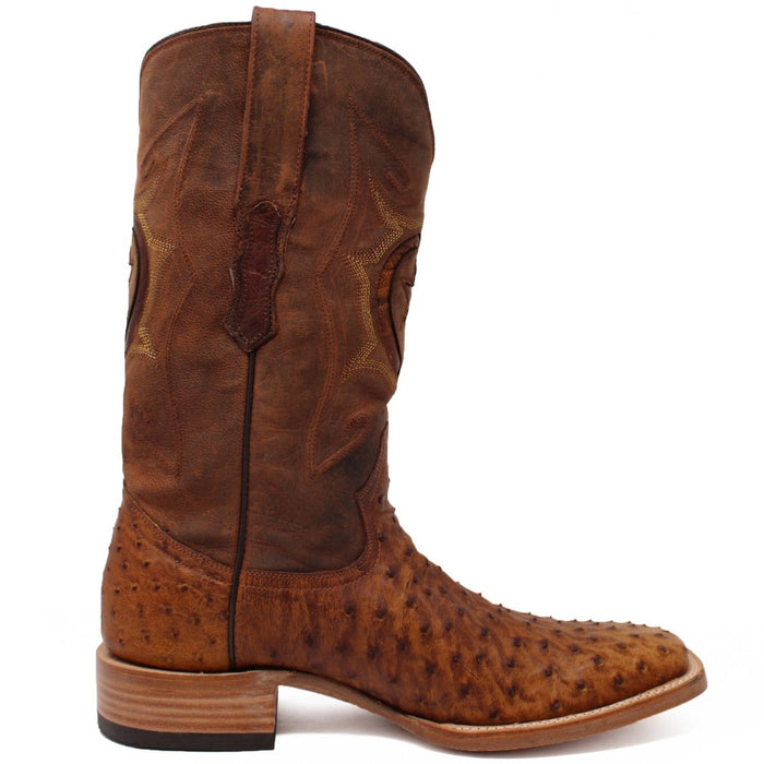 Men's Genuine Full Quill Ostrich Square Toe Boots Oiled Brandy